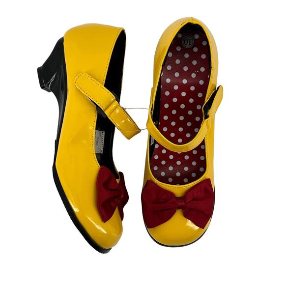 Disney Minnie Mouse Yellow Patent Mary Jane Kitten Heel Shoes Sz 10 Red Bow - Picture 1 of 6